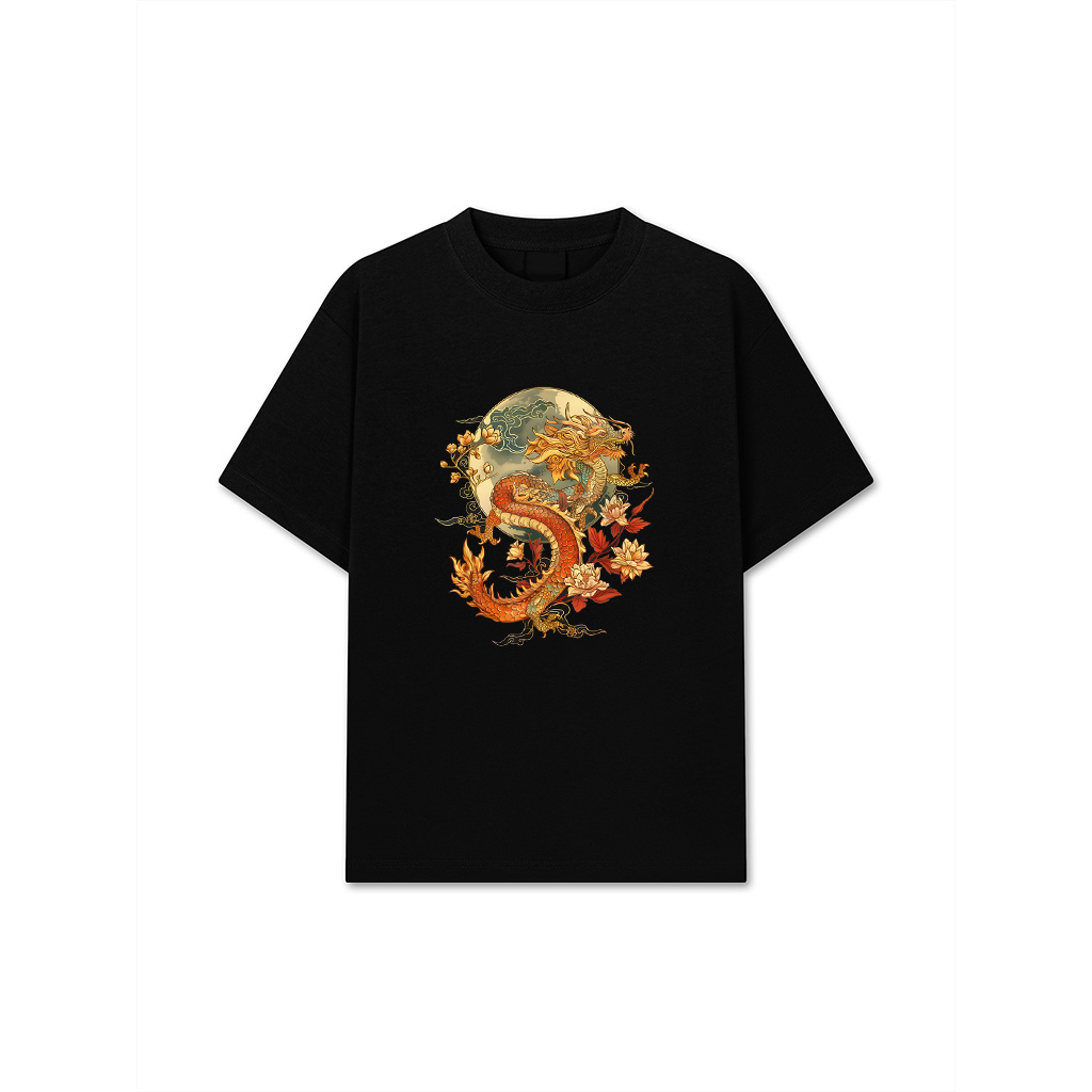Crimson Lunar Floral Dragon Art Noveau T-Shirt