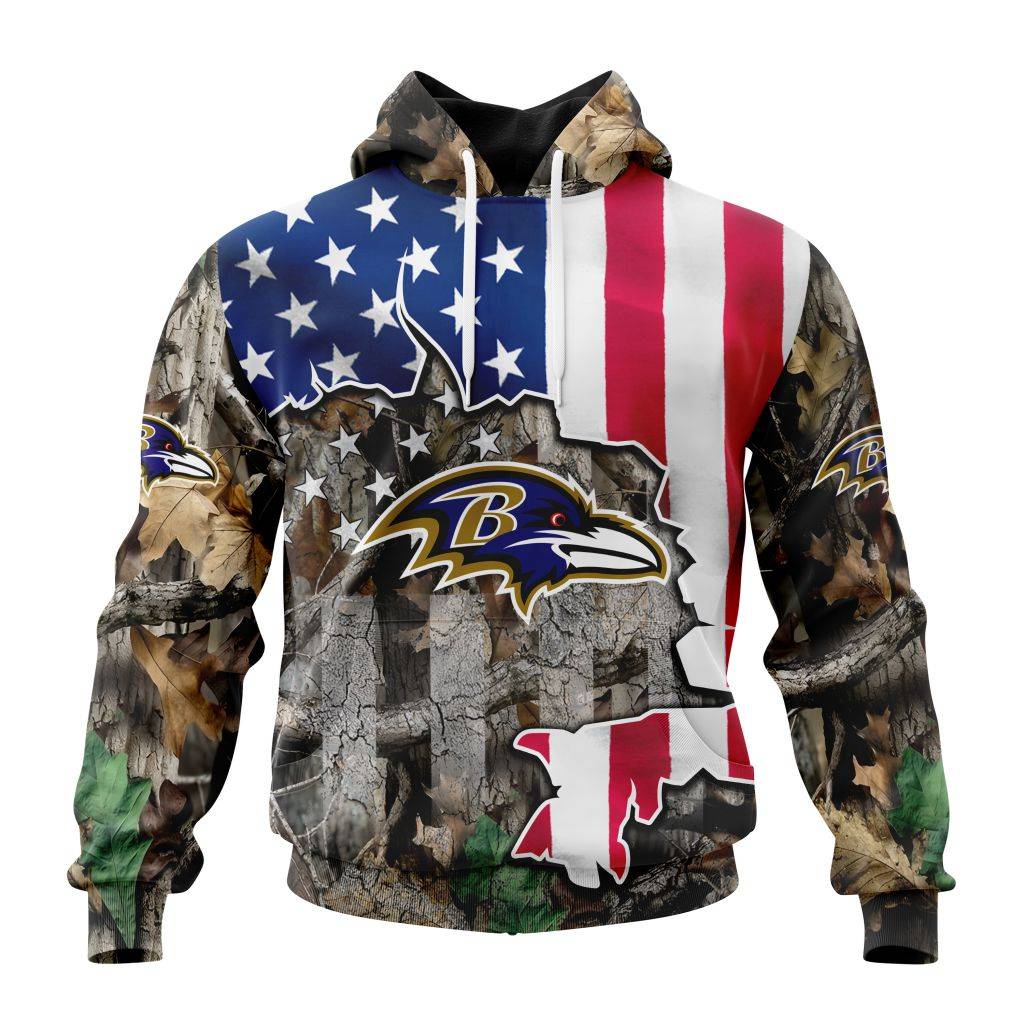 Customized NFL Baltimore Ravens USA Flag Camo Realtree Hunting Unisex Hoodie TH0913