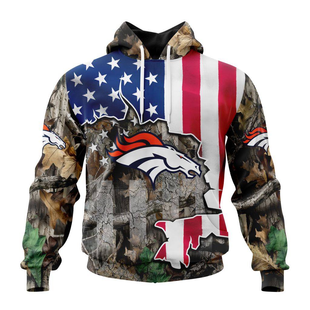 Customized NFL Denver Broncos USA Flag Camo Realtree Hunting Unisex Hoodie TH0956