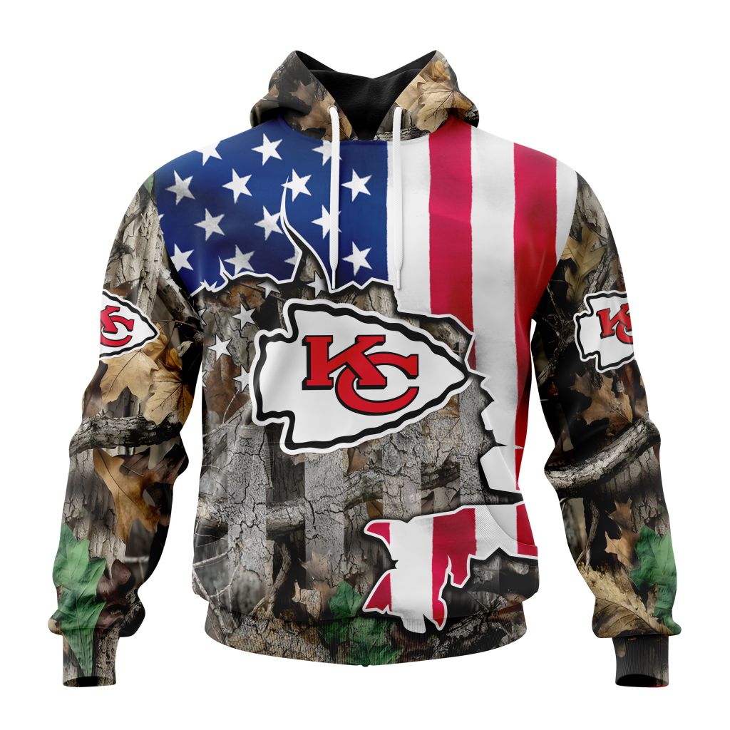 Customized NFL Kansas City Chiefs USA Flag Camo Realtree Hunting Unisex Hoodie TH0992