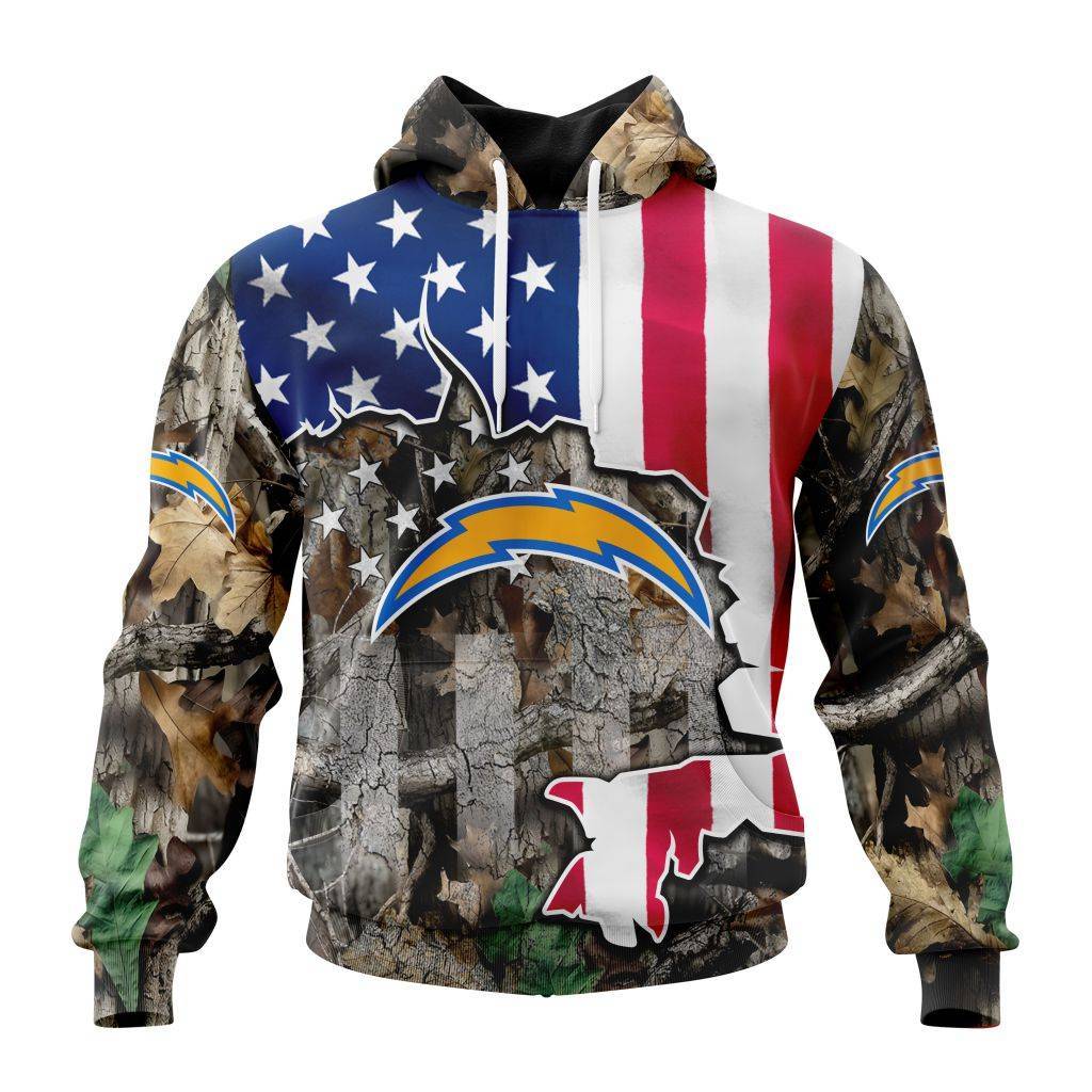 Customized NFL Los Angeles Chargers USA Flag Camo Realtree Hunting Unisex Hoodie PH1004