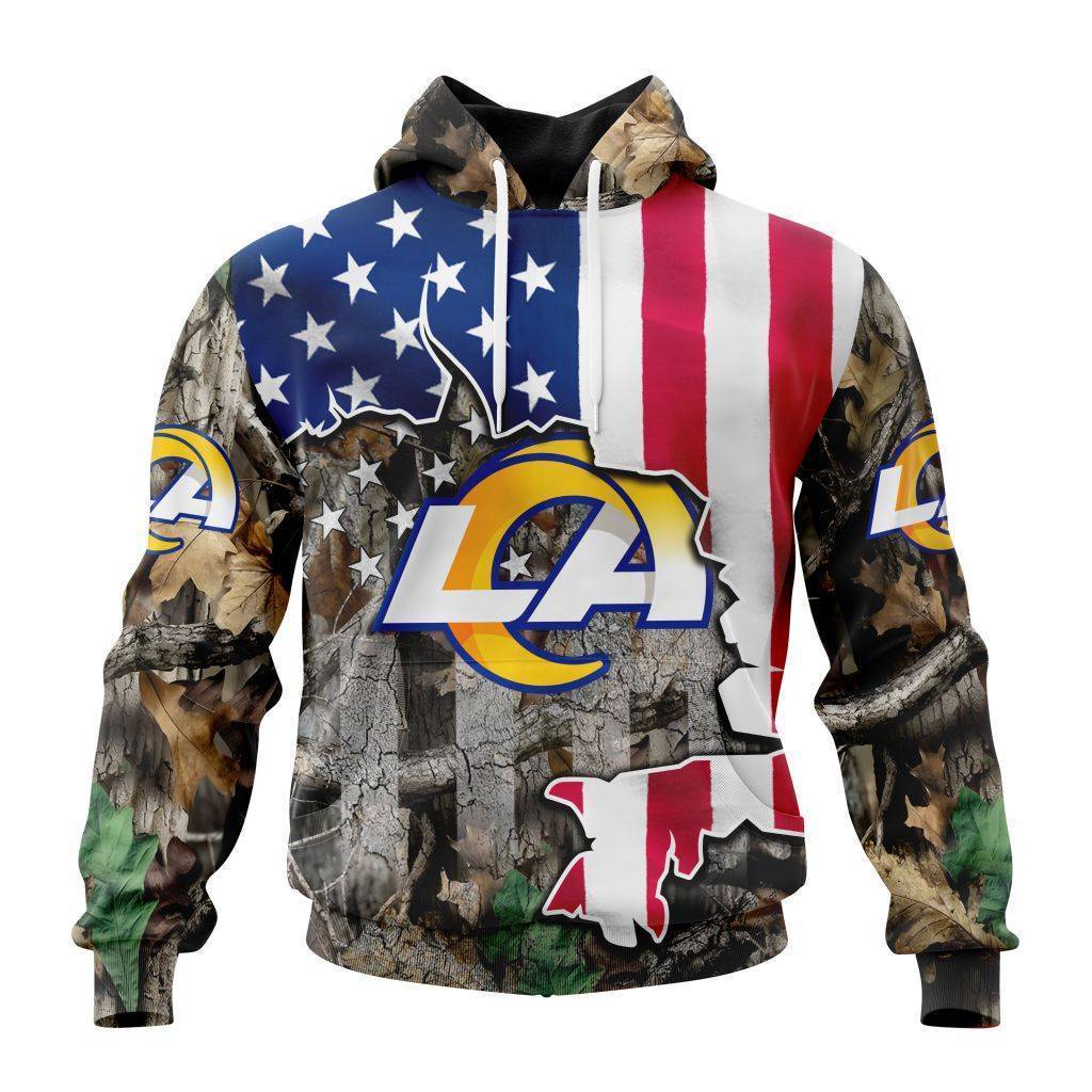 Customized NFL Los Angeles Rams USA Flag Camo Realtree Hunting Unisex Hoodie PH1010