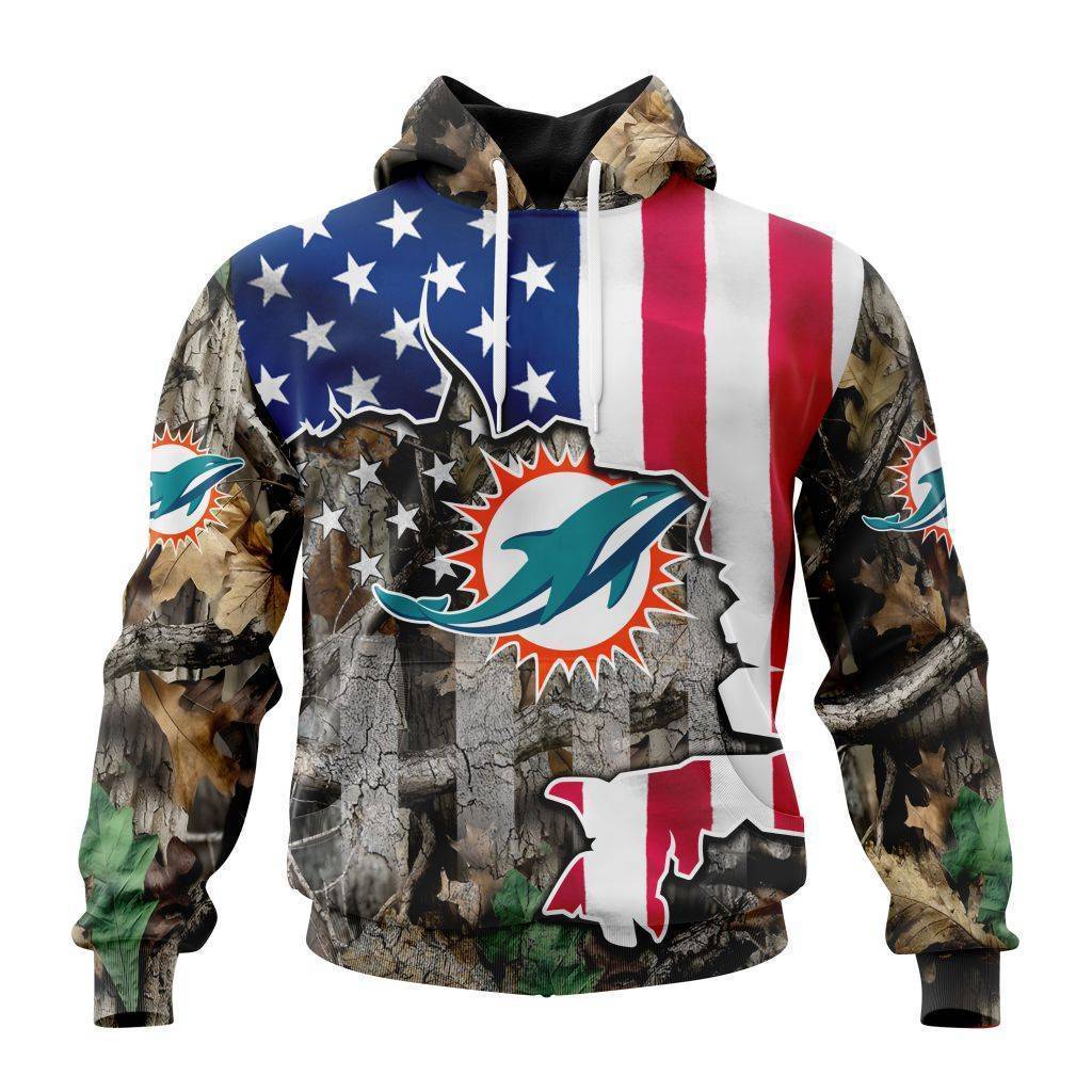 Customized NFL Miami Dolphins USA Flag Camo Realtree Hunting Unisex Hoodie PH1016