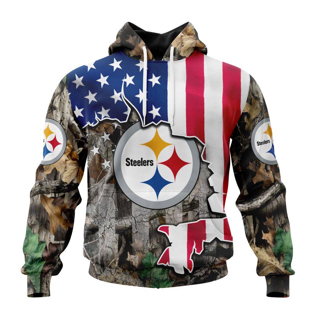 Customized NFL Pittsburgh Steelers USA Flag Camo Realtree Hunting Unisex Hoodie PH1058