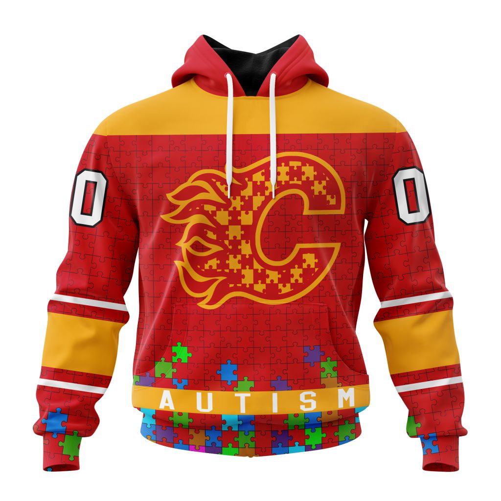 Customized NHL Calgary Flames Hockey Fights Against Autism Unisex Pullover Hoodie