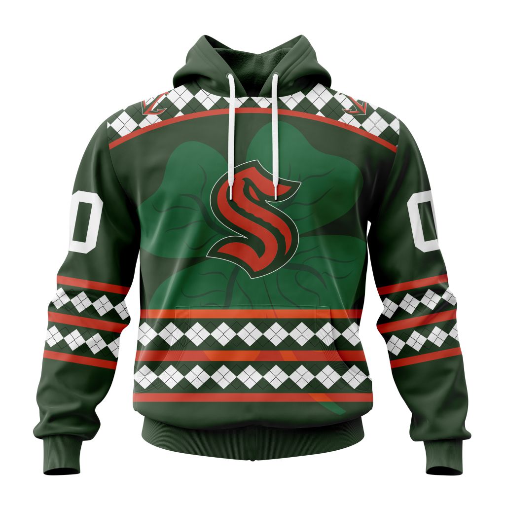Customized Seattle Kraken Green Shamrock Celebrate St Patricks Day Unisex Pullover Hoodie