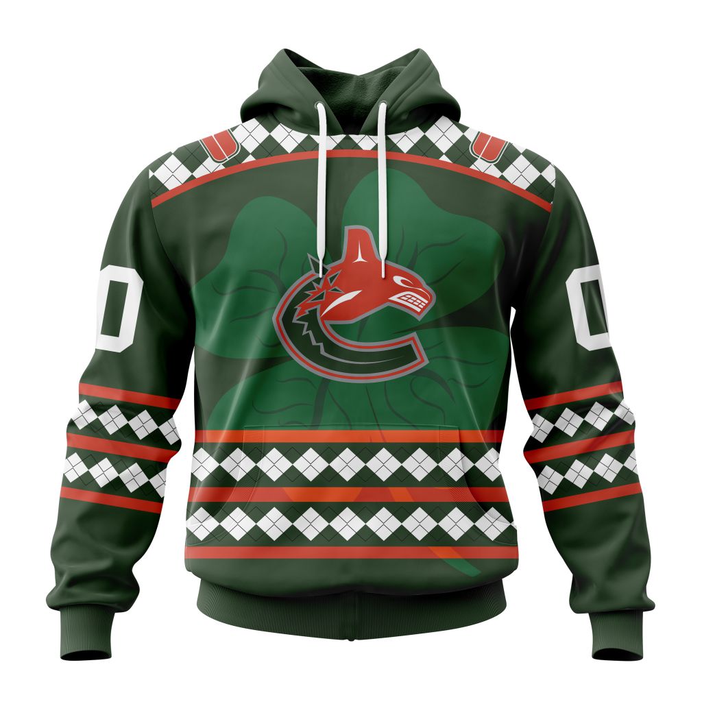 Customized Vancouver Canucks Green Shamrock Celebrate St Patricks Day Unisex Pullover Hoodie