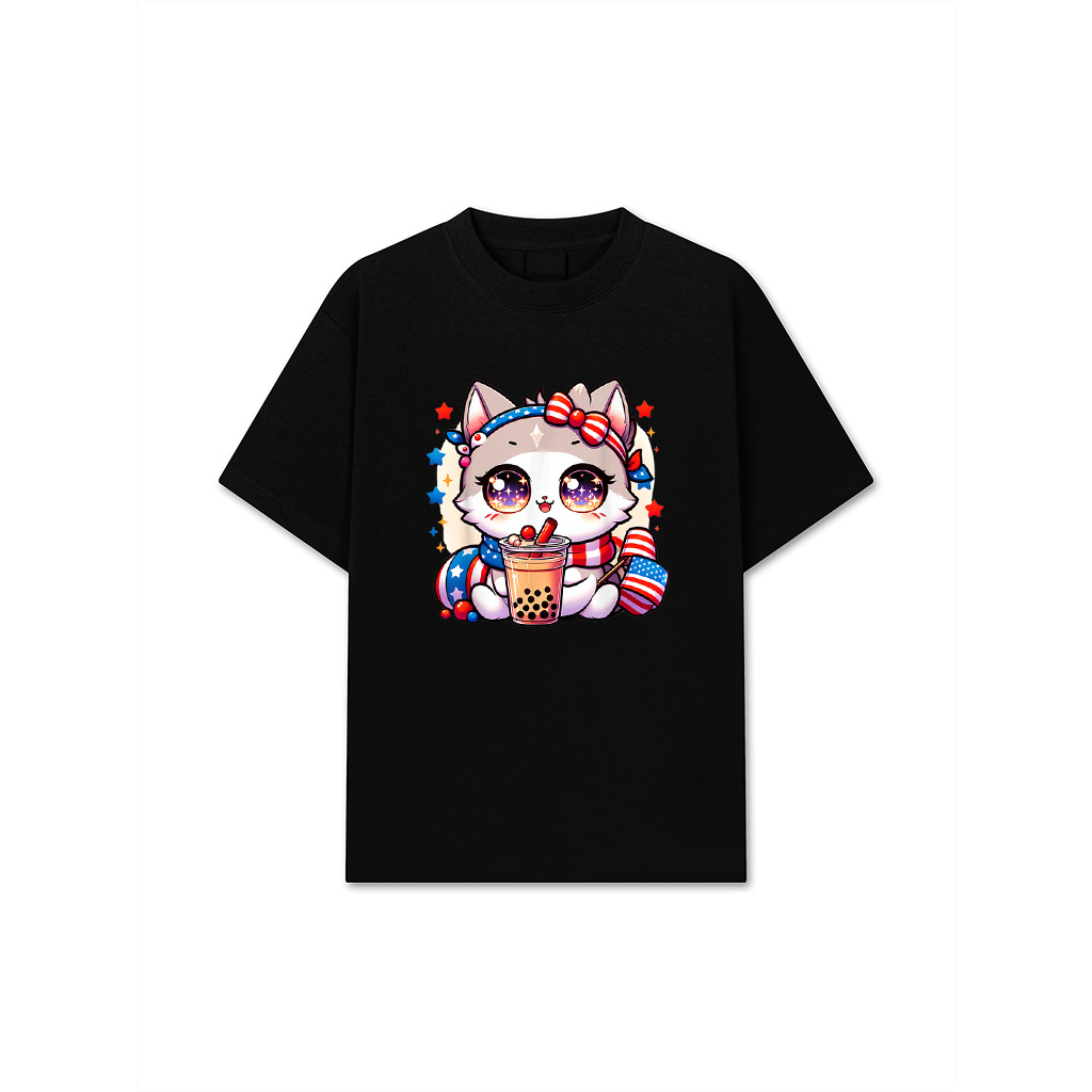 Cute 4Th Of July CaT-Shirt Girls Kawaii Anime Boba Tea USA T-Shirt