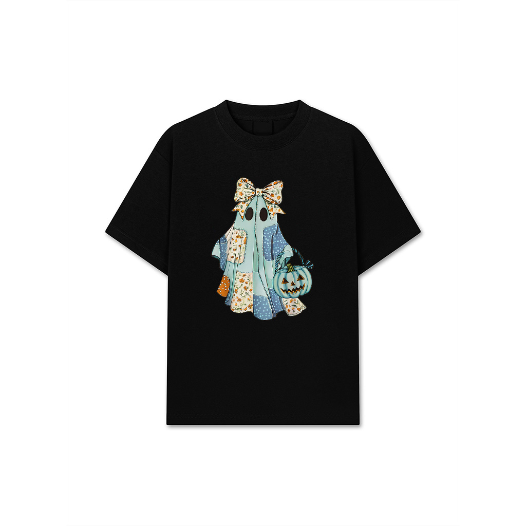 Cute Adorable Patchwork Ghost With Teal Pumpkin Vintage T-Shirt