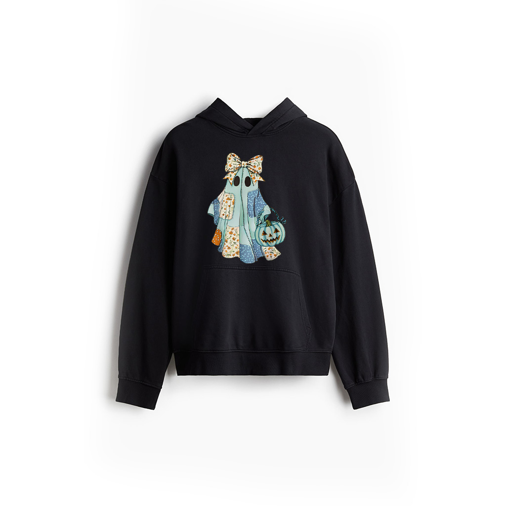 Cute Adorable Patchwork Ghost With Teal Pumpkin Vintage Hoodie