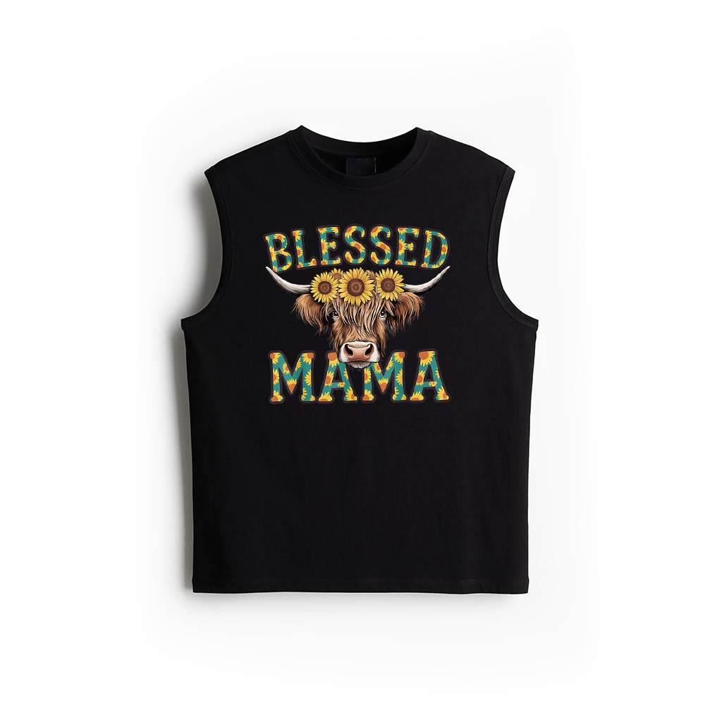 Cute Blessed Mama Highland Cow Mom Sunflowers Mothers Day Tank Top
