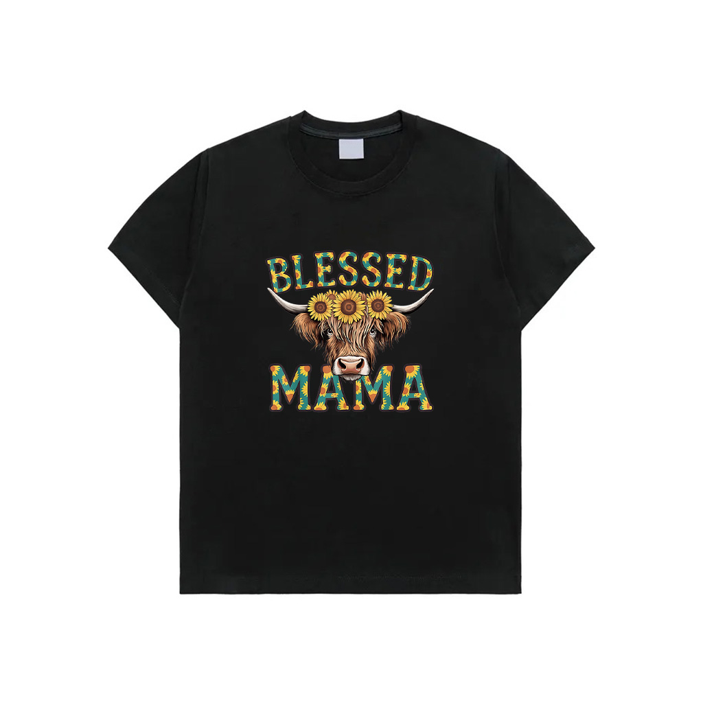 Cute Blessed Mama Highland Cow Mom Sunflowers Mothers Day T-Shirt