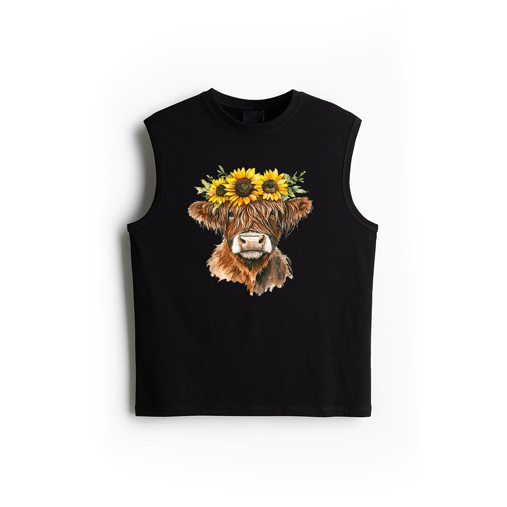 Cute Highland Cow With Sunflowers Floral Scottish Farm Tank Top