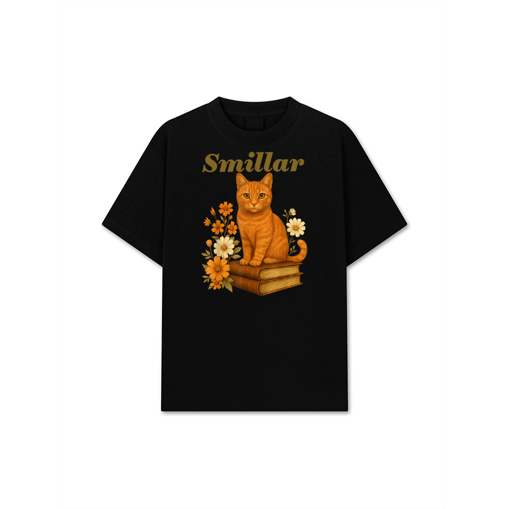 Cute Orange Cat Book Flowers T-Shirt