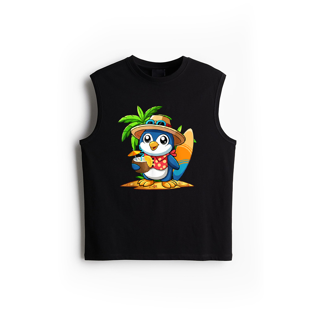 Cute Penguin Drinking Coconut Hawaiian Summer Vacation Tank Top