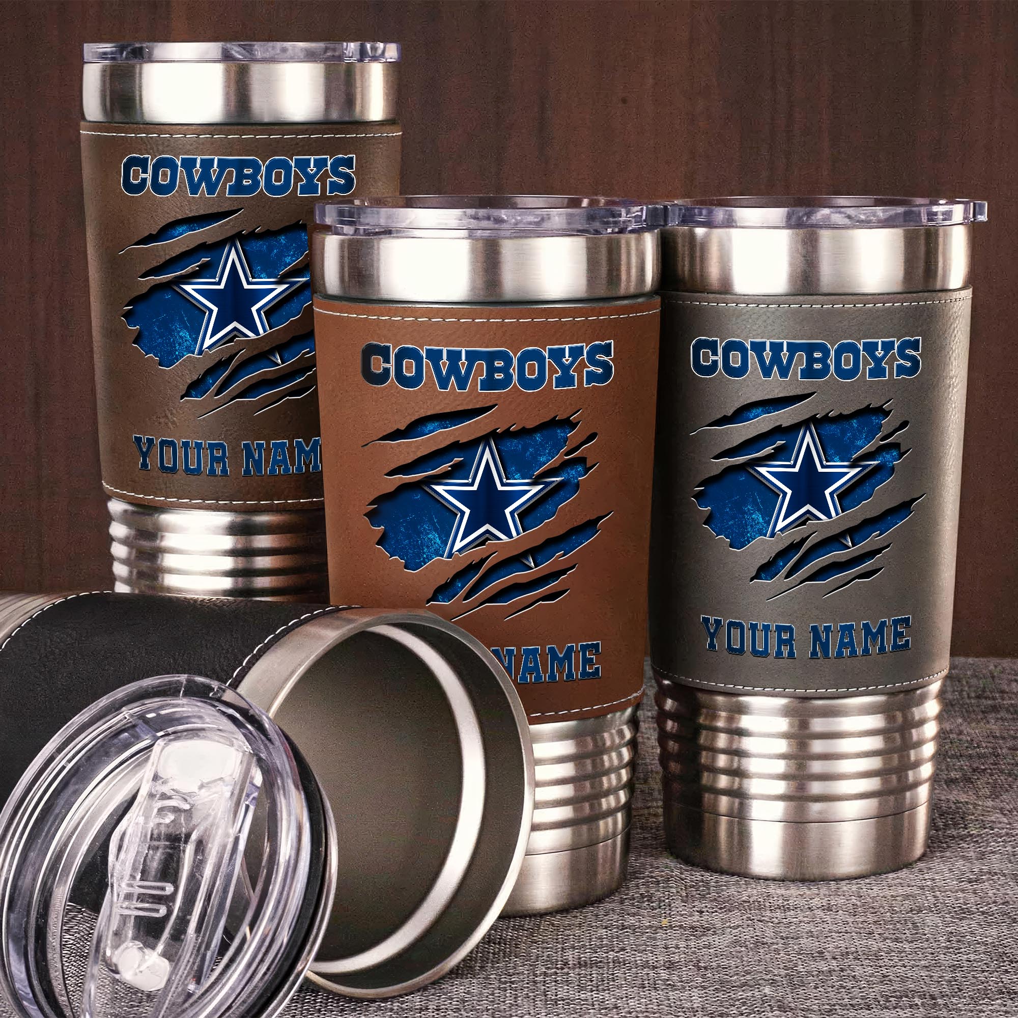 Dallas Cowboys 20 Oz Leather Tumbler Custom Your Name, Sport Gift For Fans 