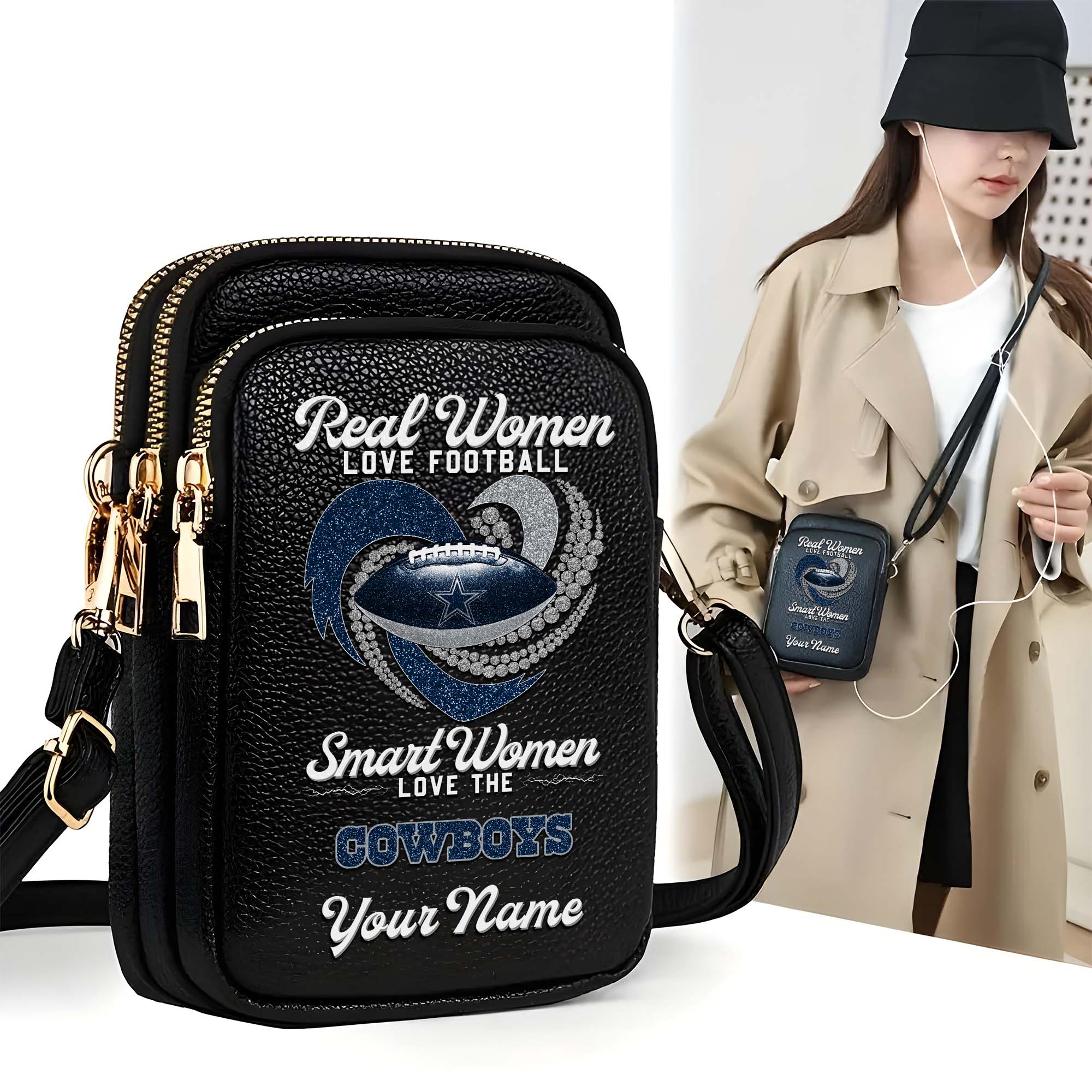 Dallas Cowboys Customized Womens Mobile Phone Bag With Your Name, Leather Crossbody Bag, Fan Gifts
