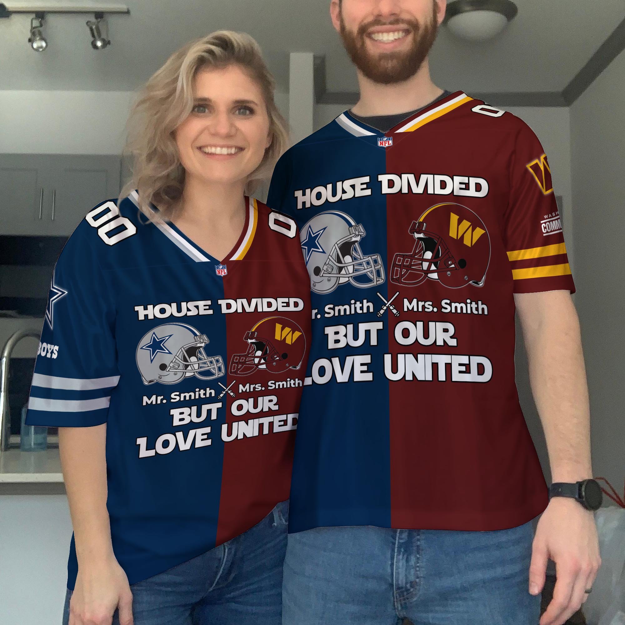 Dallas Cowboys Football Jersey Custom Husband, Wife Name And Number, House Divided Jersey For Fan