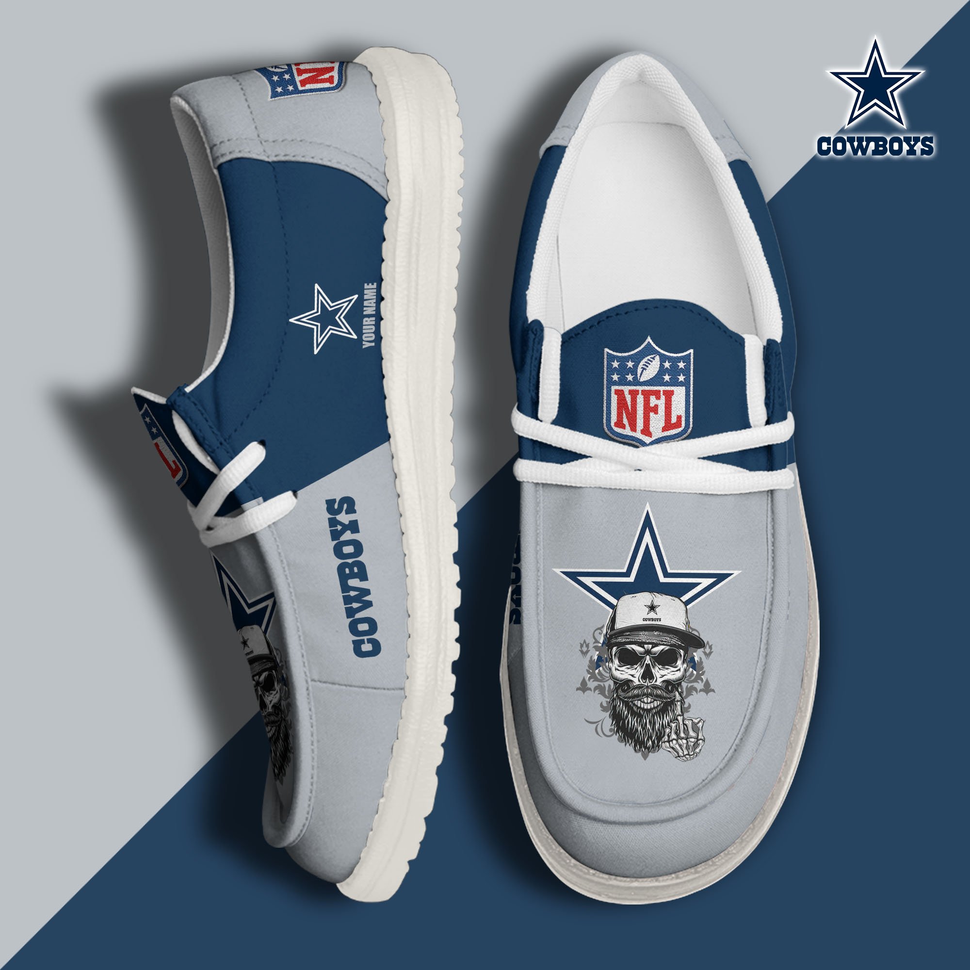 Dallas Cowboys H D White Canvas Loafer Shoes Custom Your Name, Sport Canvas Loafer Shoes