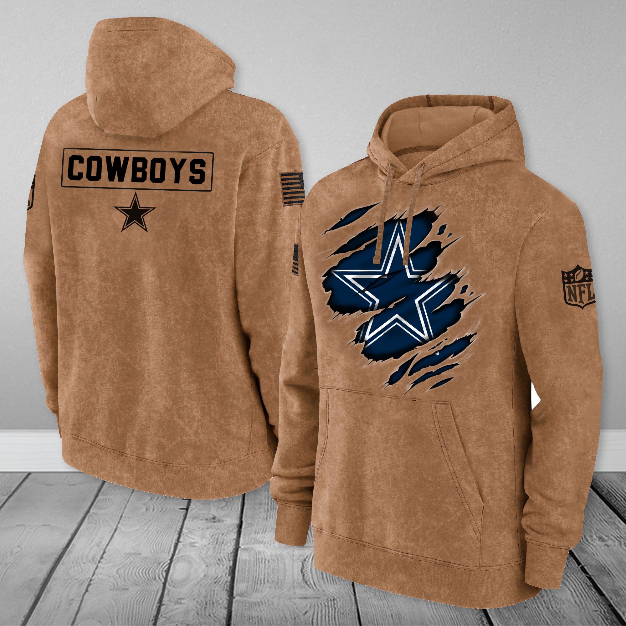 Dallas Cowboys NFL Brown Distressed Logo Salute To Service 2023 3D Hoodie PH1041