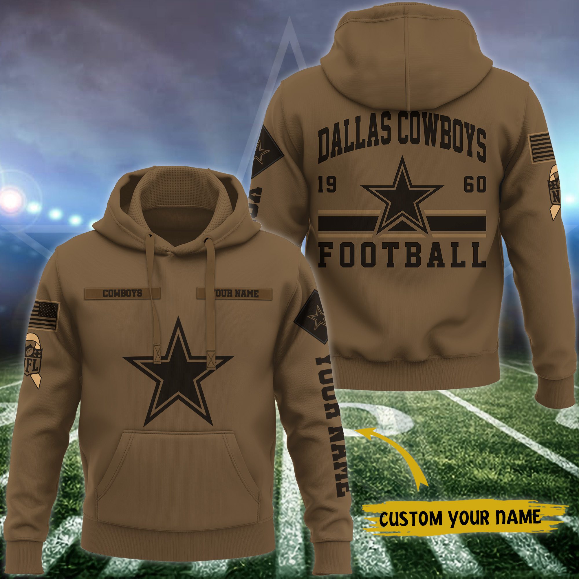 Dallas Cowboys NFL Brown Salute To Service 2023 Veteran 3D Hoodie Custom Your Name PH1137