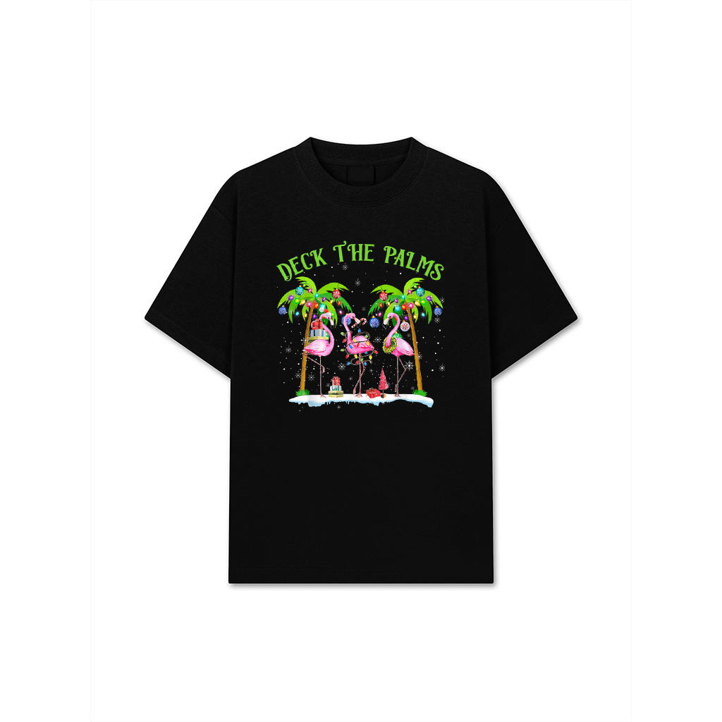 Deck The Palms Flamingo Tropical Christmas Lights Palm Tree T-Shirt