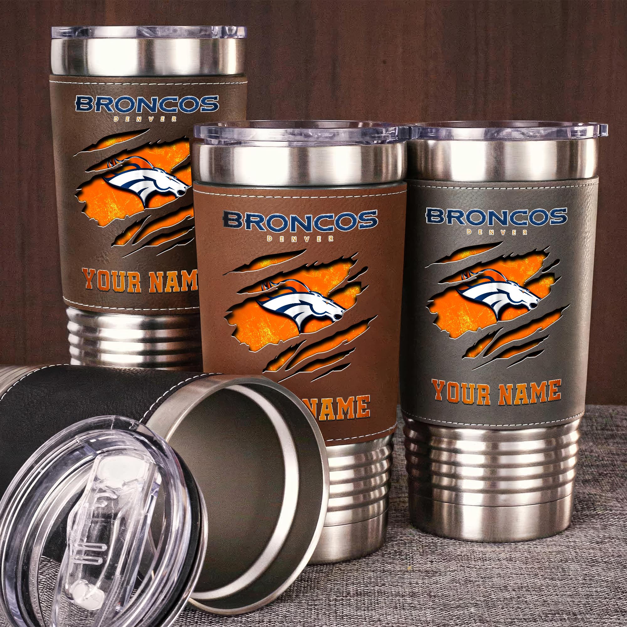 Denver Broncos 20 Oz Leather Tumbler Custom Your Name, Sport Gift For Fans 