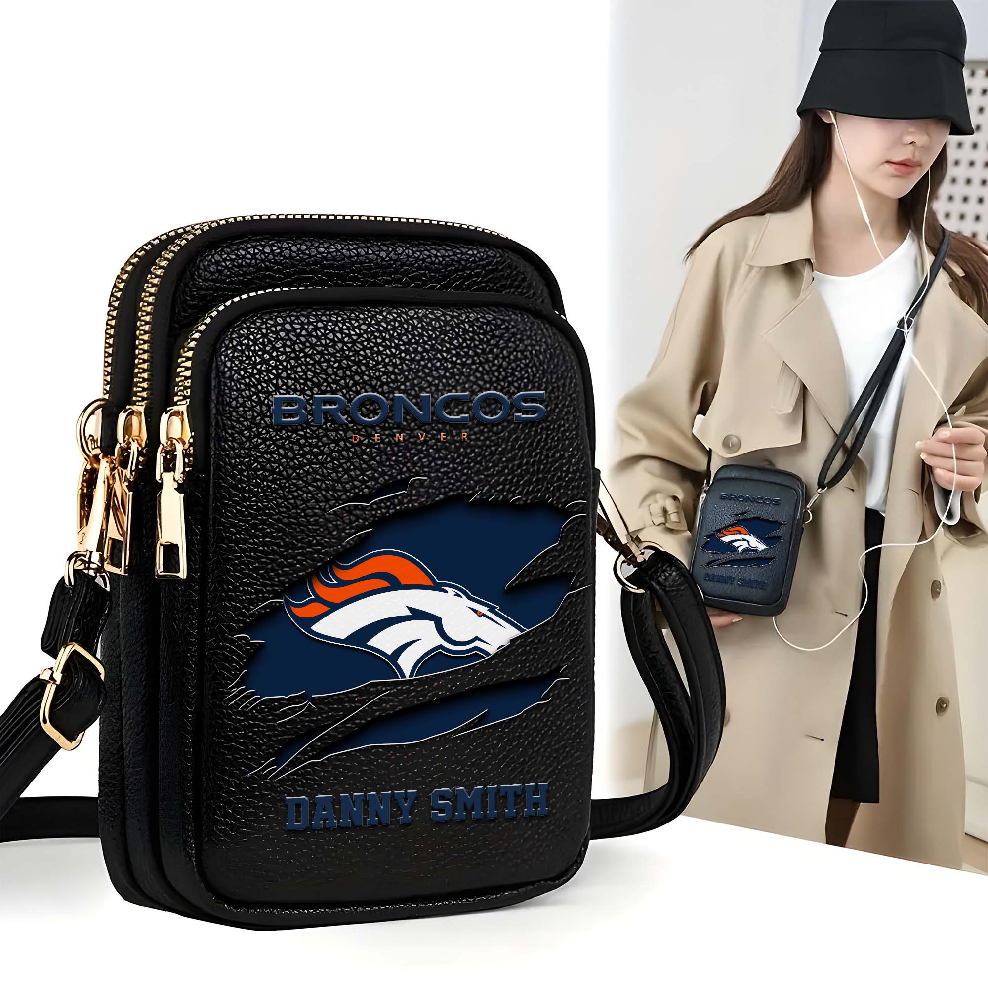 Denver Broncos Customized Womens Mobile Phone Bag With Your Name, Leather Crossbody Bag, Fan Gifts