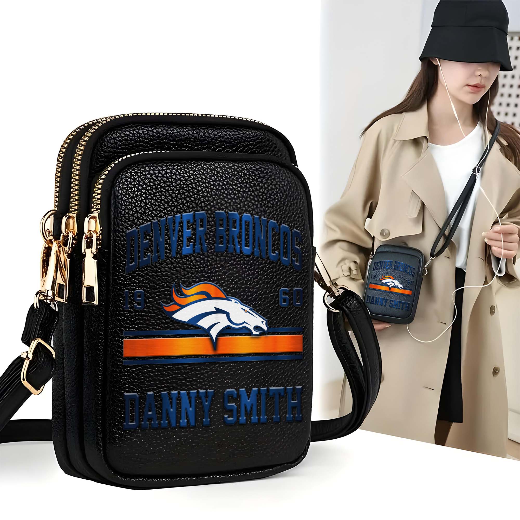Denver Broncos Customized Womens Mobile Phone Bag With Your Name, Leather Crossbody Bag, Fan Gifts