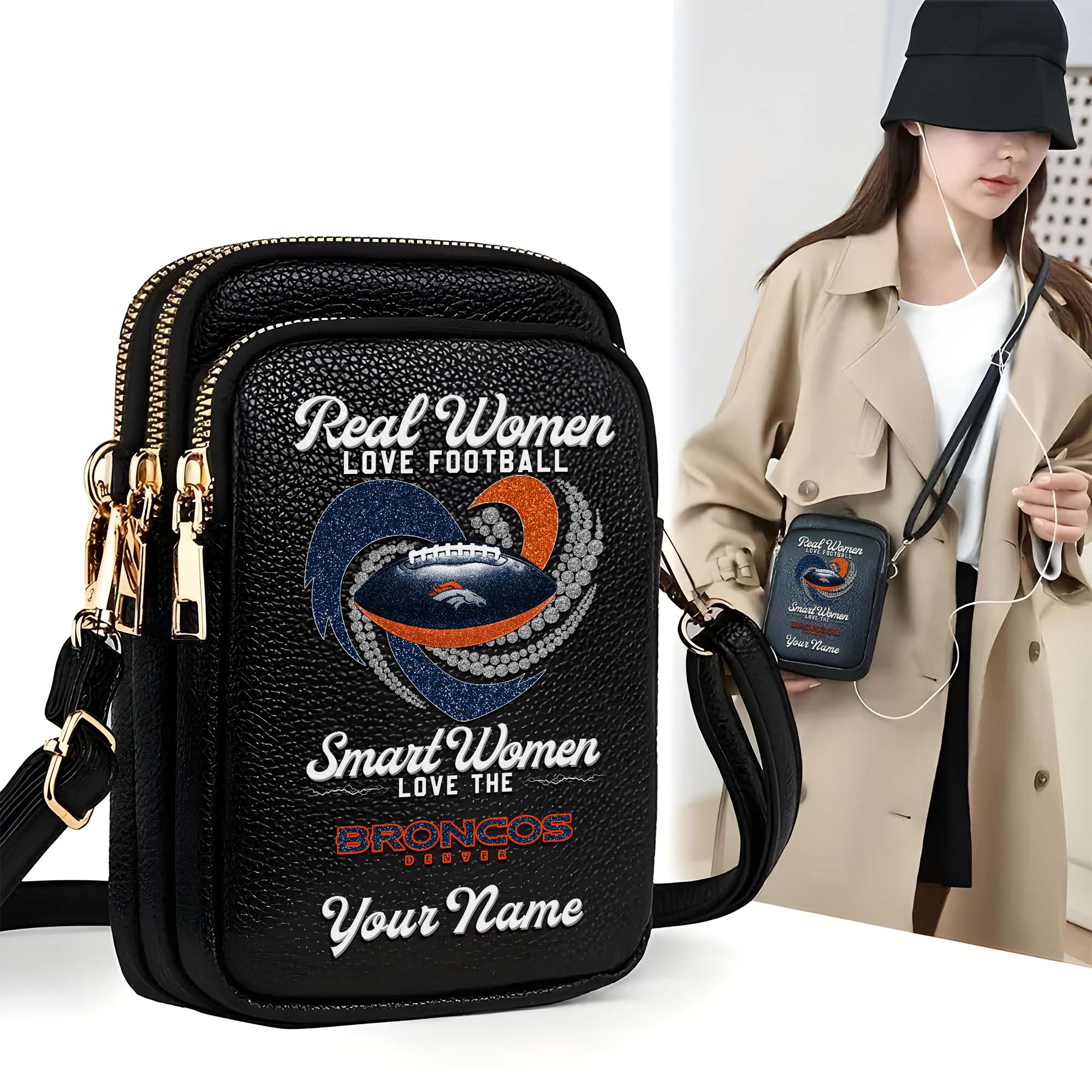 Denver Broncos Customized Womens Mobile Phone Bag With Your Name, Leather Crossbody Bag, Fan Gifts