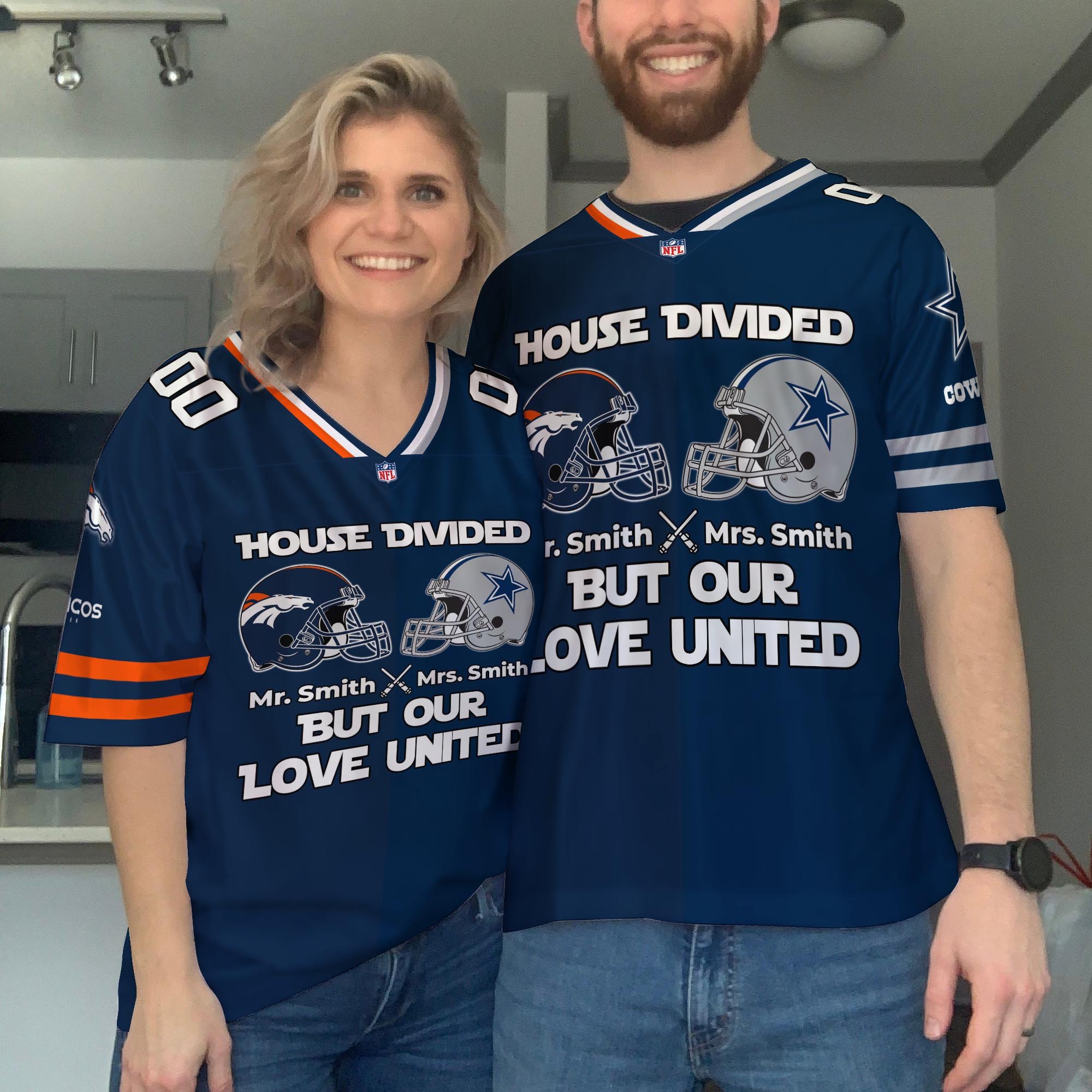 Denver Broncos Football Jersey Custom Husband, Wife Name And Number, House Divided Jersey For Fan