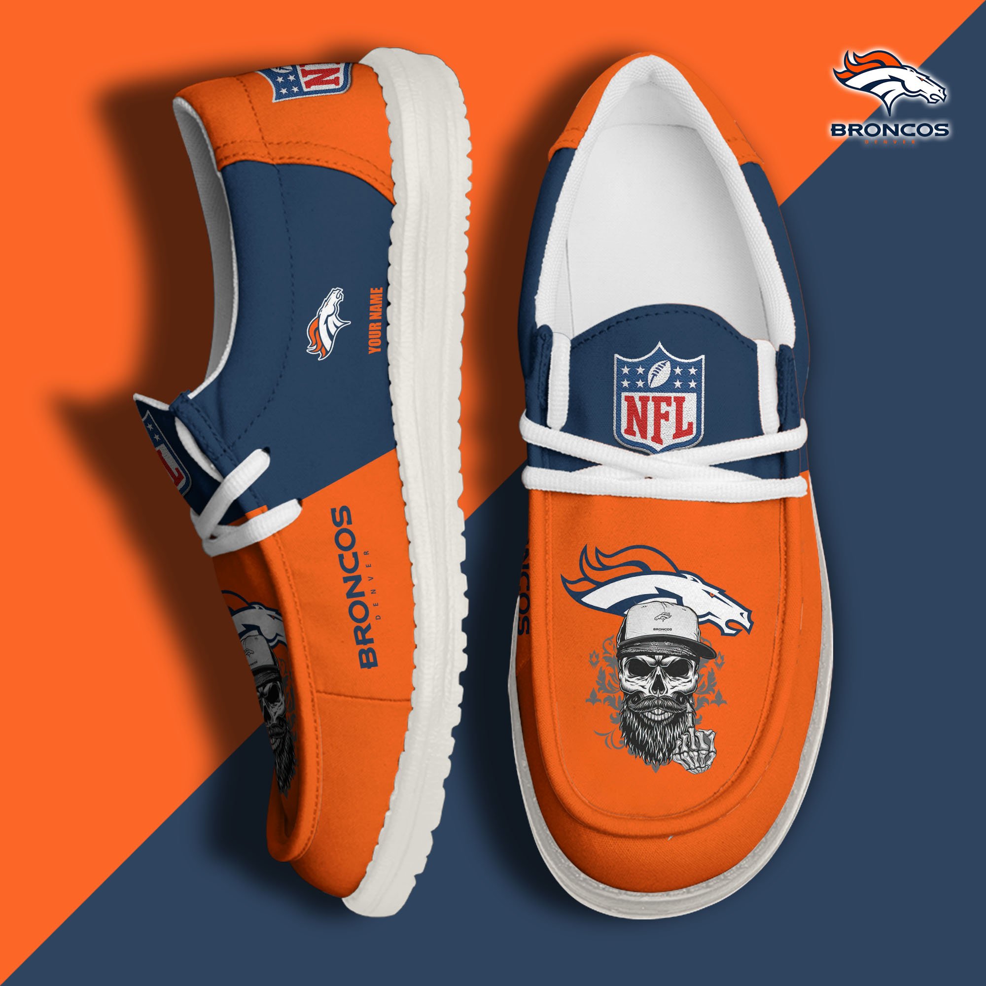 Denver Broncos H D White Canvas Loafer Shoes Custom Your Name, Sport Canvas Loafer Shoes