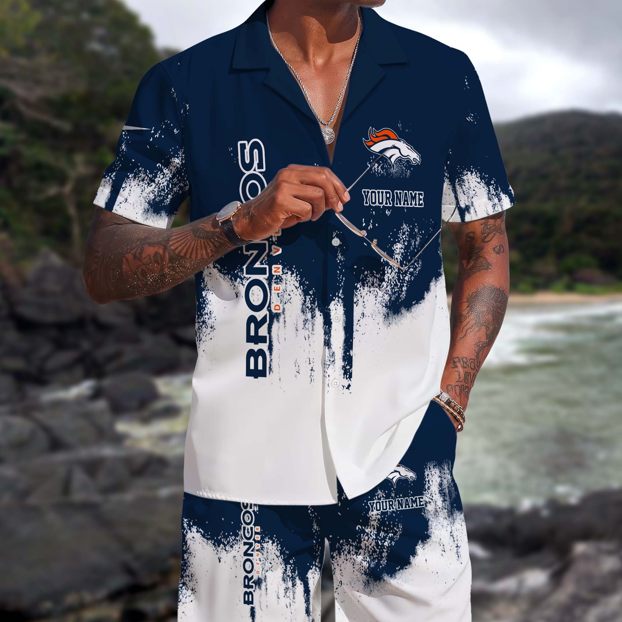 Denver Broncos Hawaiian Shorts Set Custom You Name, Sport Shorts, Gifts For Fan