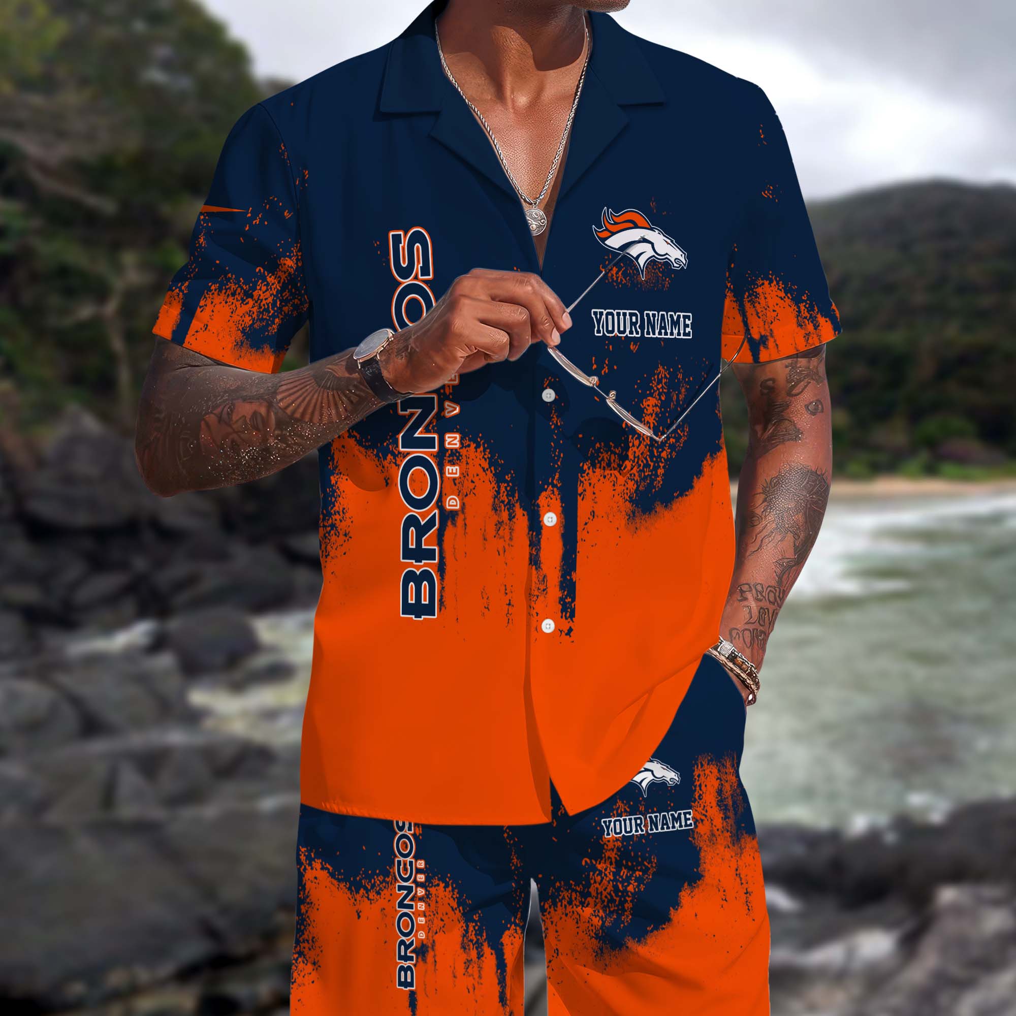 Denver Broncos Hawaiian Shorts Set Custom You Name, Sport Shorts, Gifts For Fan
