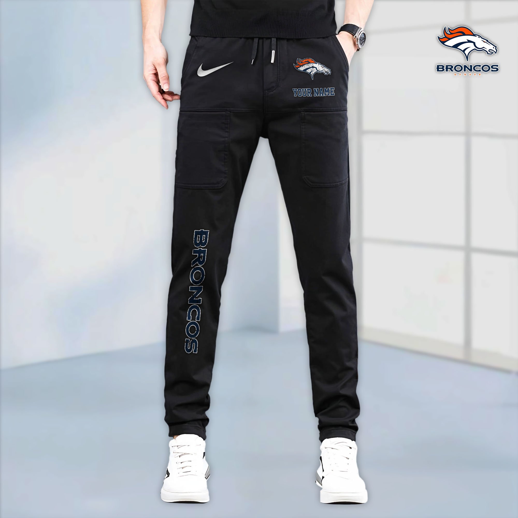 Denver Broncos High Stretch Multi Pocket Durable Cargo Pants - Long Custom Name 