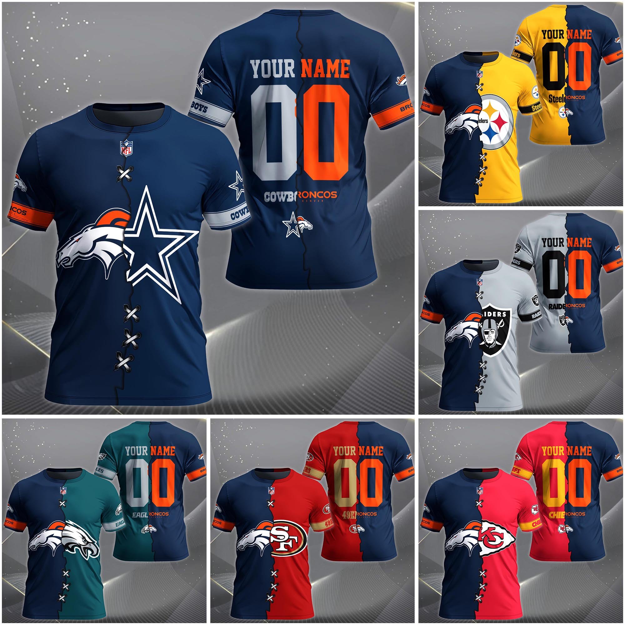 Denver Broncos House Divided T-Shirt Custom Name 2025 Version, Number And Team, Sport Shirts For Fan
