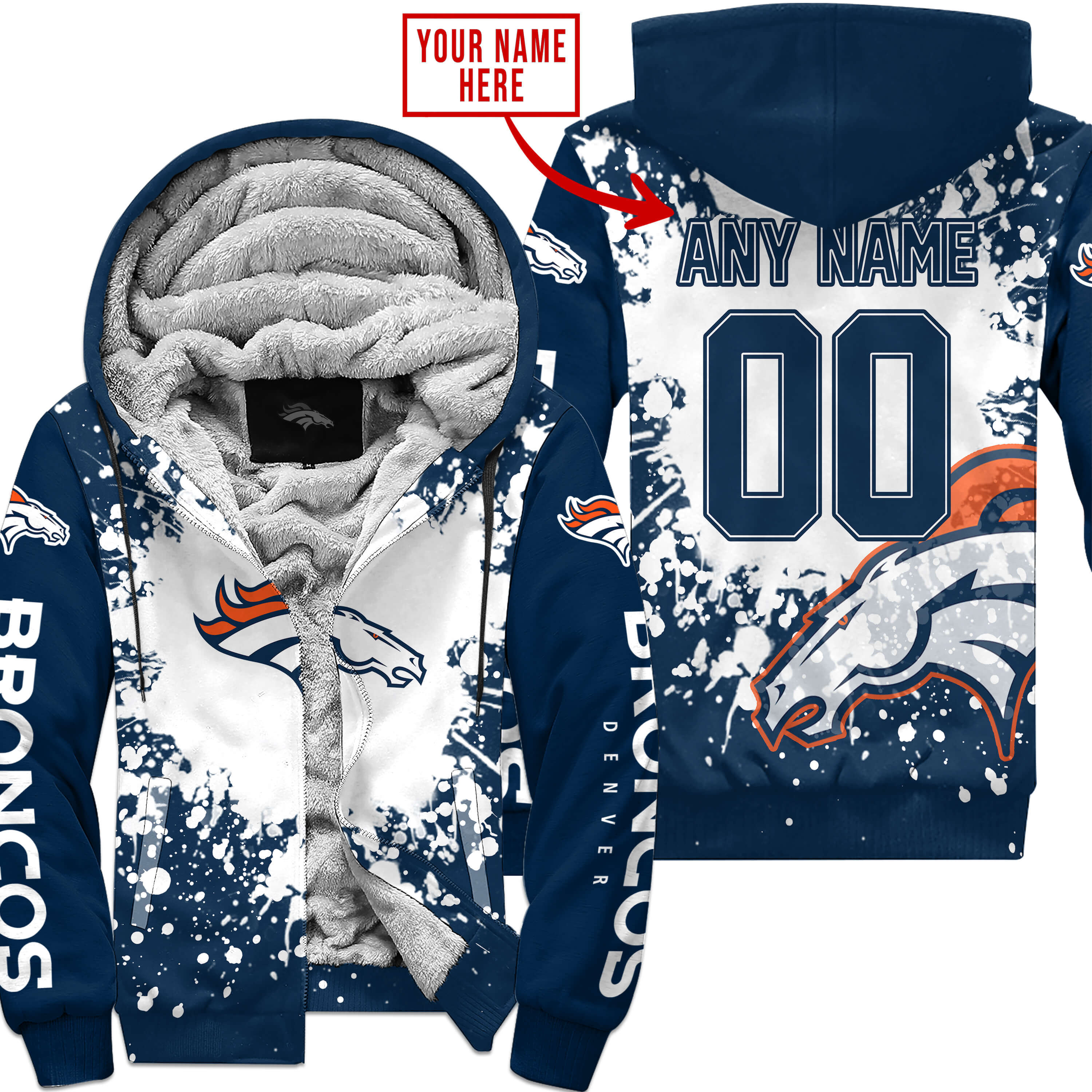 Denver Broncos Fleece Hoodie Jacket 2025 Versions Custom Your Name And Number, Sport Jacket, Football Fan Gift 