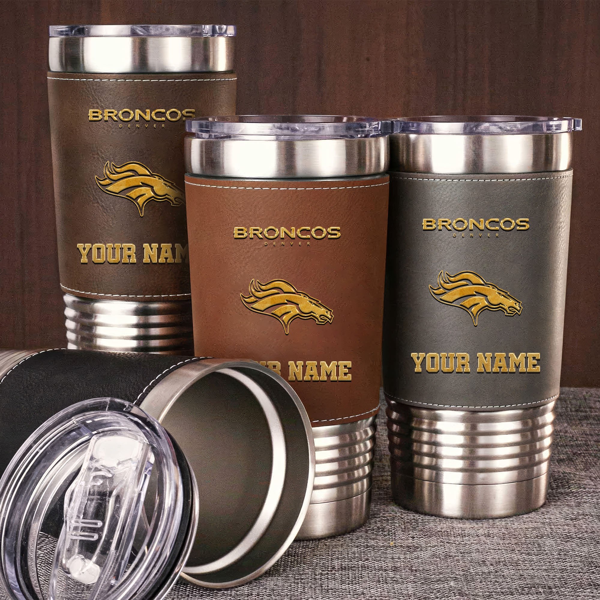Denver Broncos Leather Tumbler Custom Your Name, Sport Gift For Fans, Fathers Day Gifts 