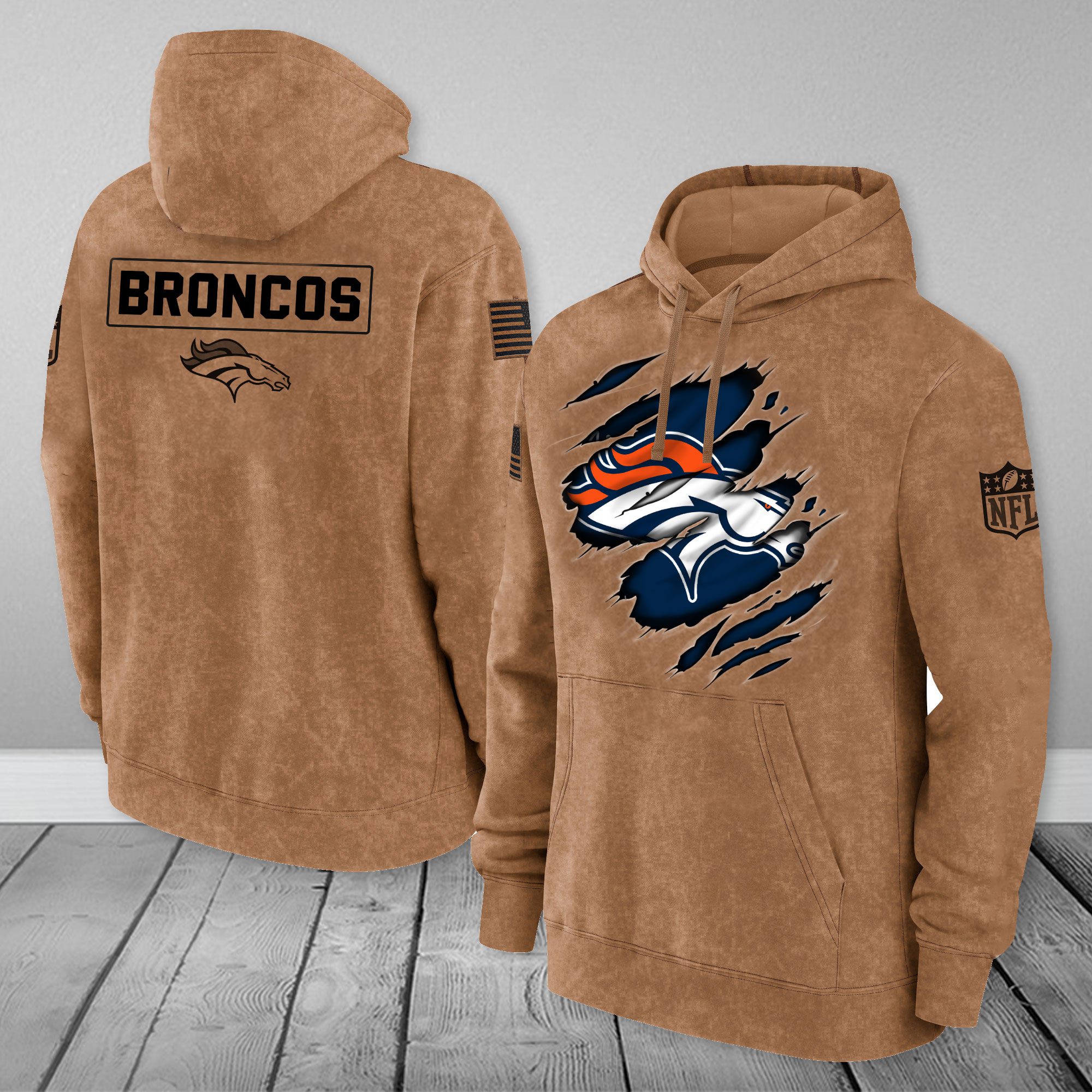Denver Broncos NFL Brown Distressed Logo Salute To Service 2023 3D Hoodie PH1042