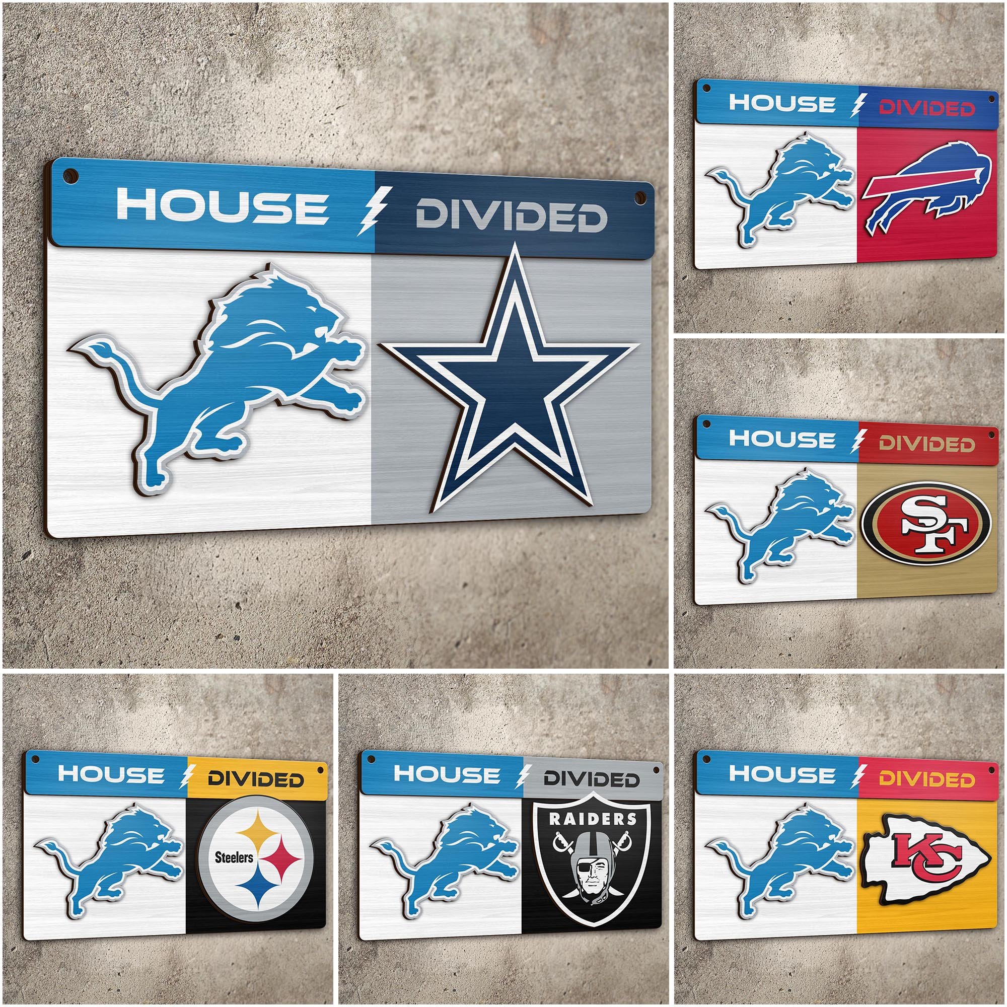 Detroit Lions 2 Layers Woodsign Choose Any Team, House Divided Sign, Wall Hangings