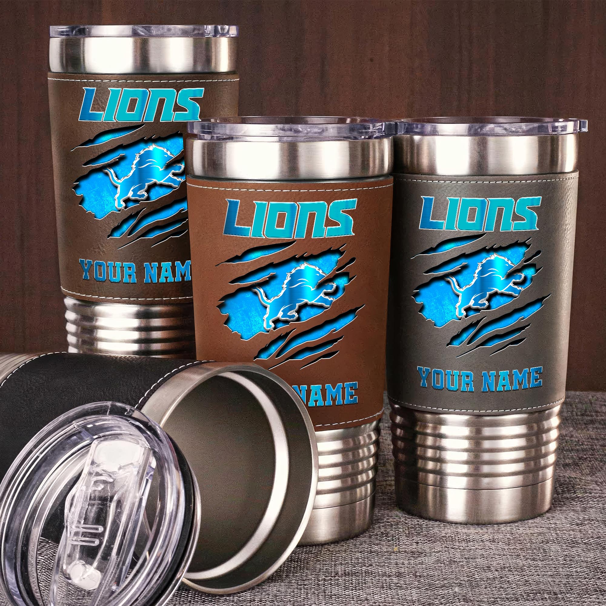 Detroit Lions 20 Oz Leather Tumbler Custom Your Name, Sport Gift For Fans 