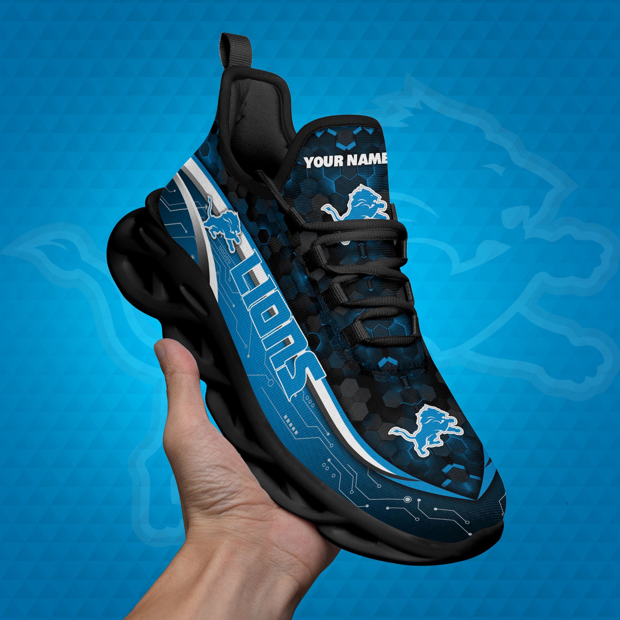 Detroit Lions Black Clunky Sneakers Custom Name, Max Soul Shoes, Sport Gifts