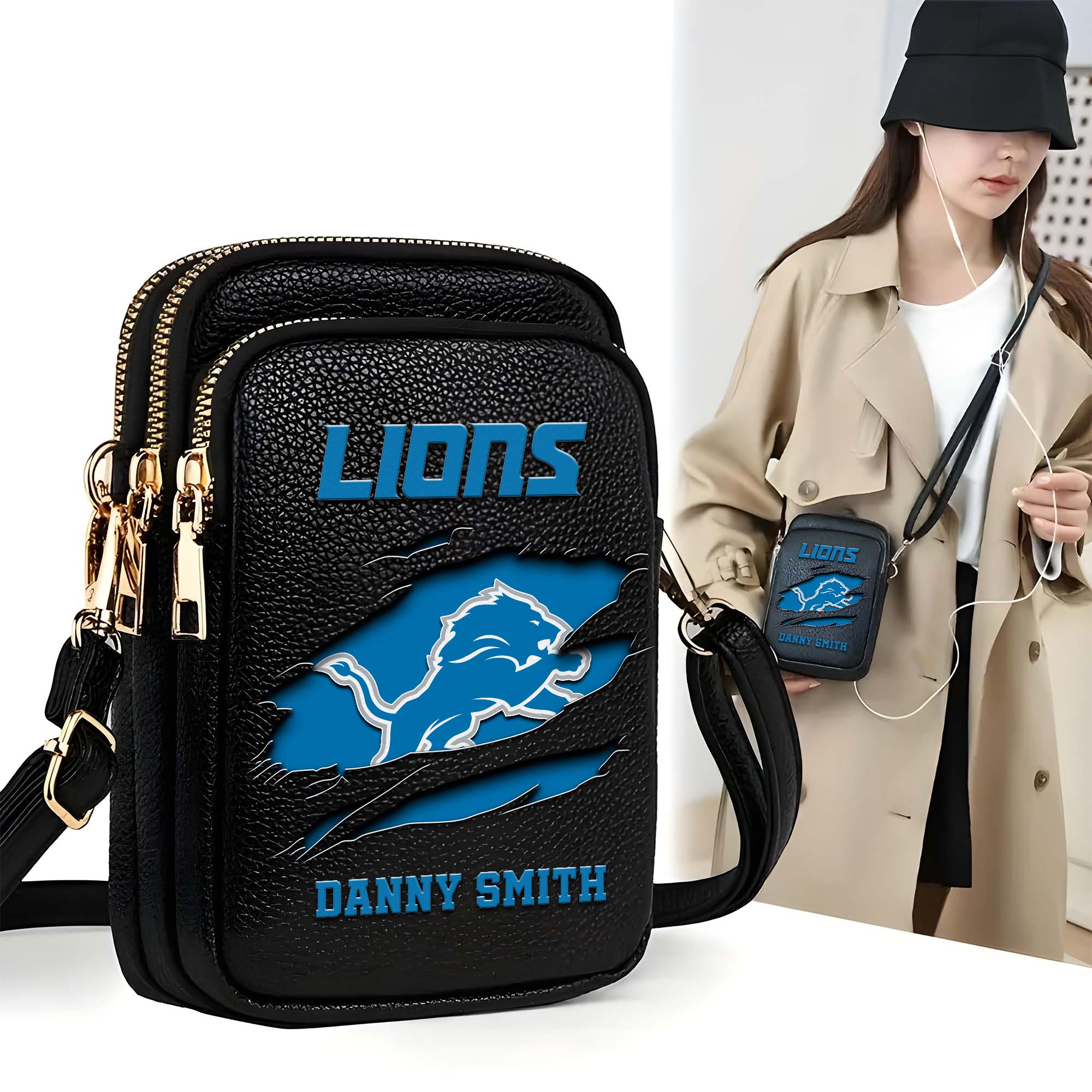 Detroit Lions Customized Womens Mobile Phone Bag With Your Name, Leather Crossbody Bag, Fan Gifts
