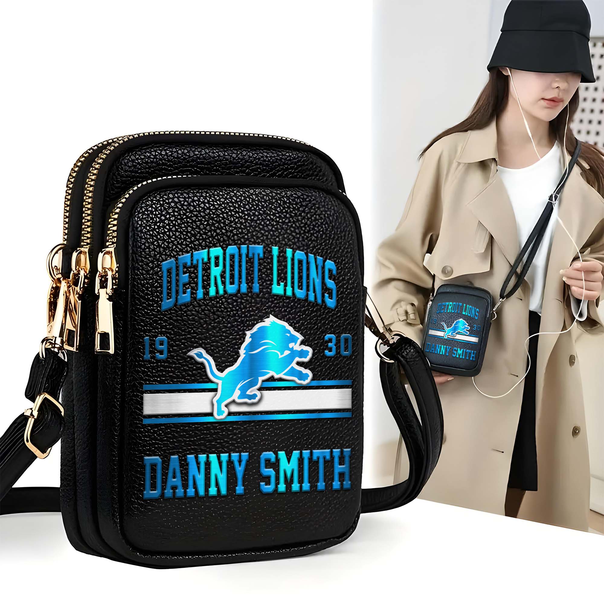 Detroit Lions Customized Womens Mobile Phone Bag With Your Name, Leather Crossbody Bag, Fan Gifts