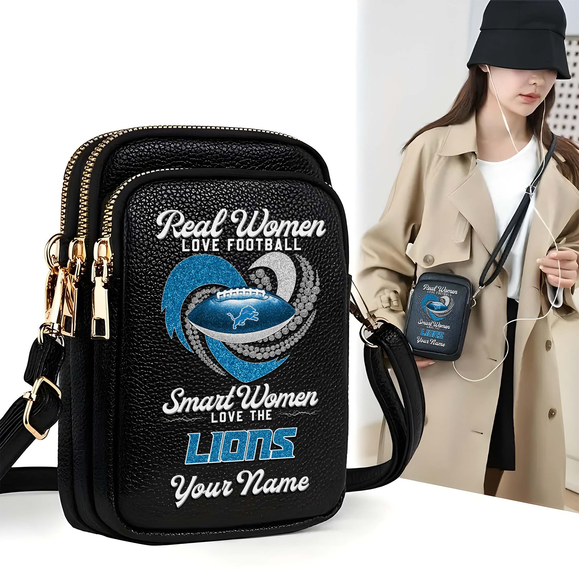 Detroit Lions Customized Womens Mobile Phone Bag With Your Name, Leather Crossbody Bag, Fan Gifts