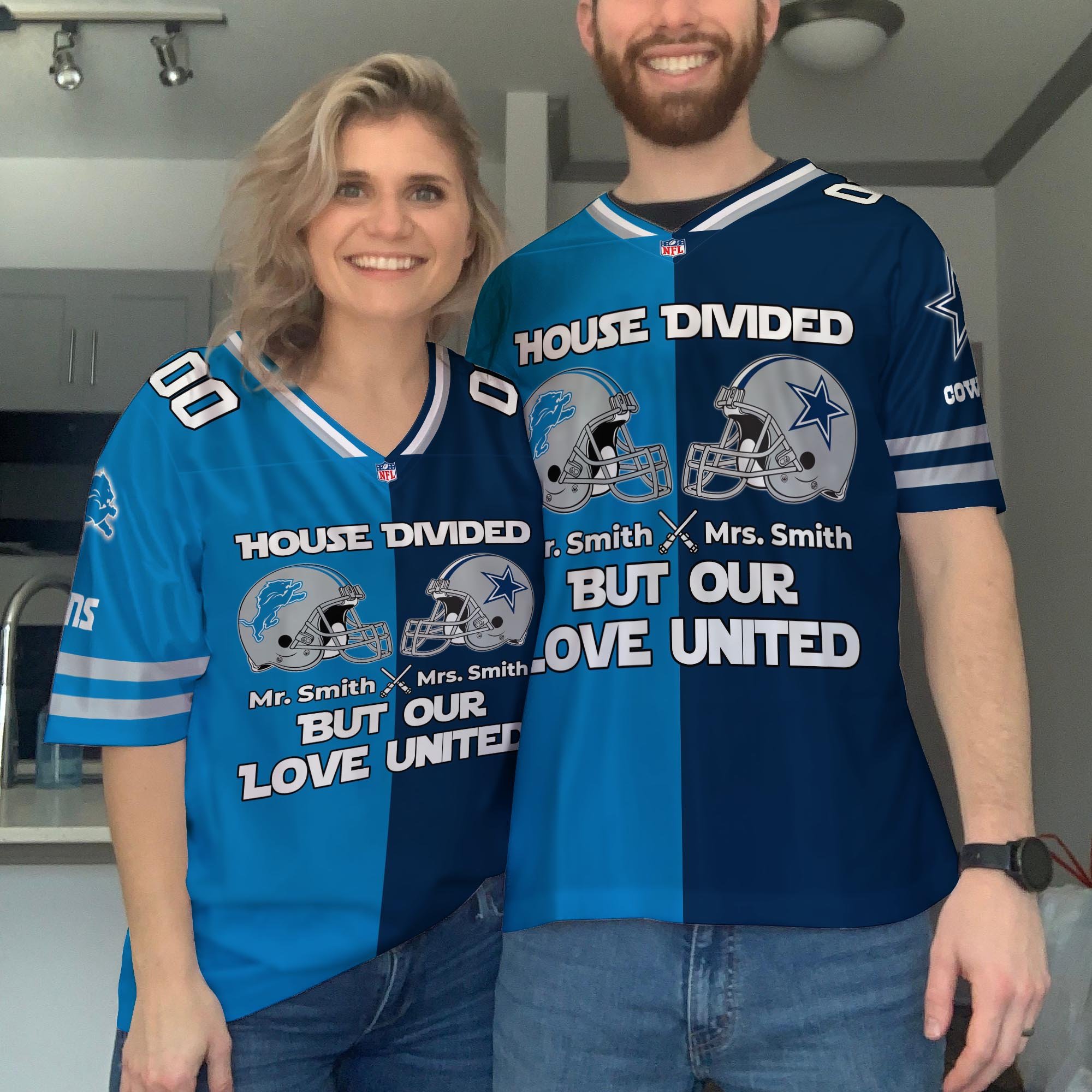 Detroit Lions Football Jersey Custom Husband, Wife Name And Number, House Divided Jersey For Fan