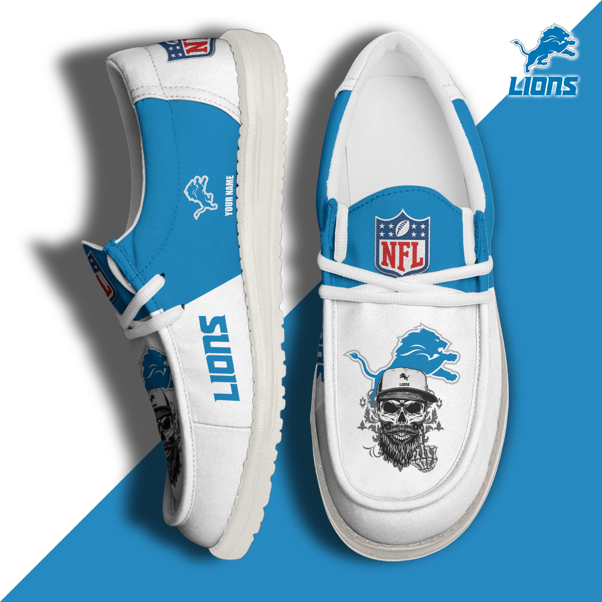 Detroit Lions H D White Canvas Loafer Shoes Custom Your Name, Sport Canvas Loafer Shoes