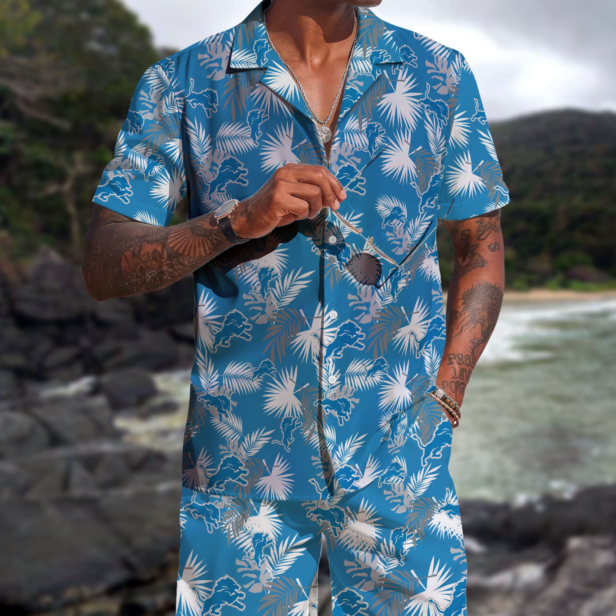 Detroit Lions Hawaiian Shorts Set 2025 Version, Hawaiian Shirts, Sports Shorts, Gifts For Fan