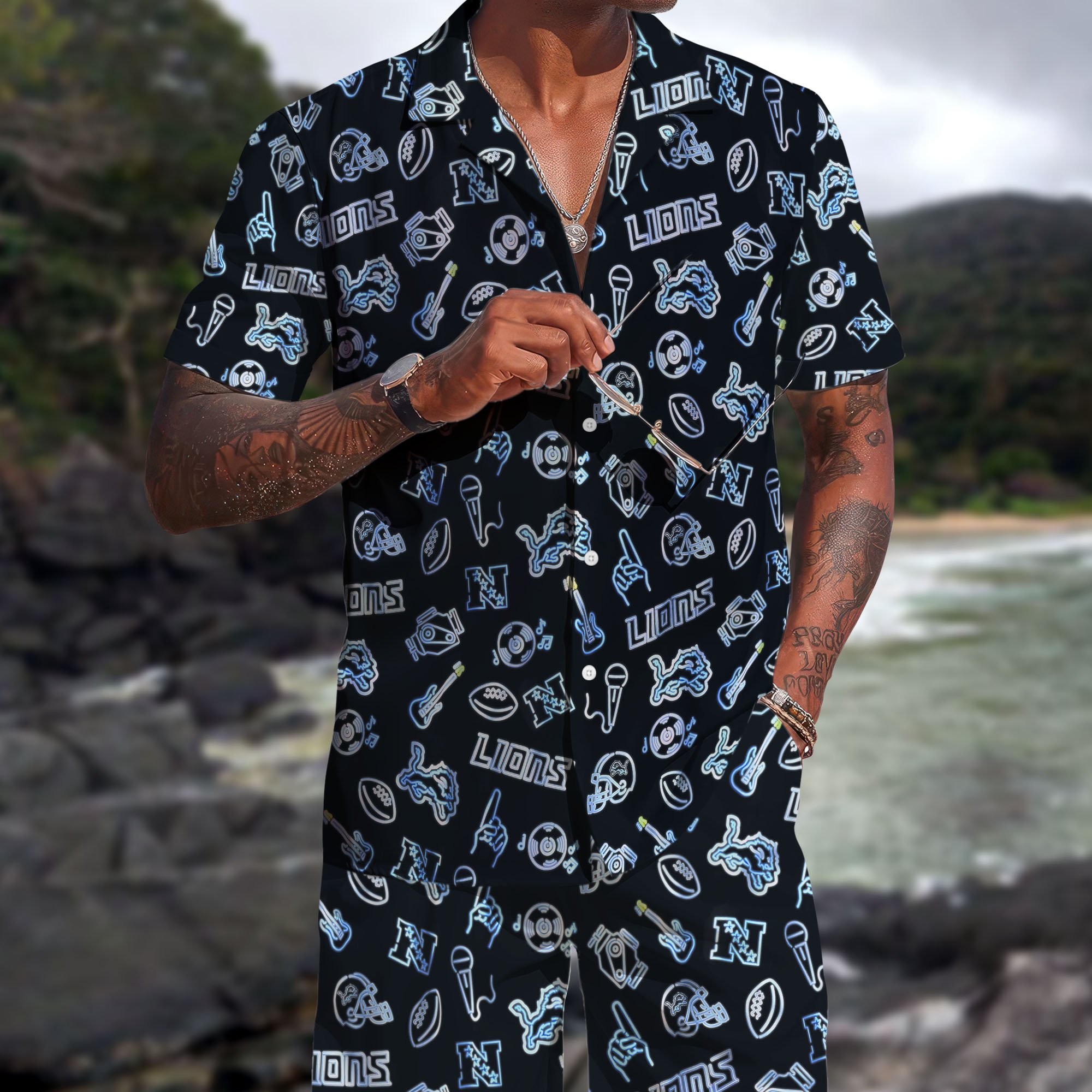 Detroit Lions Hawaiian Shorts Set 2025 Version, Hawaiian Shirts, Sports Shorts, Gifts For Fan