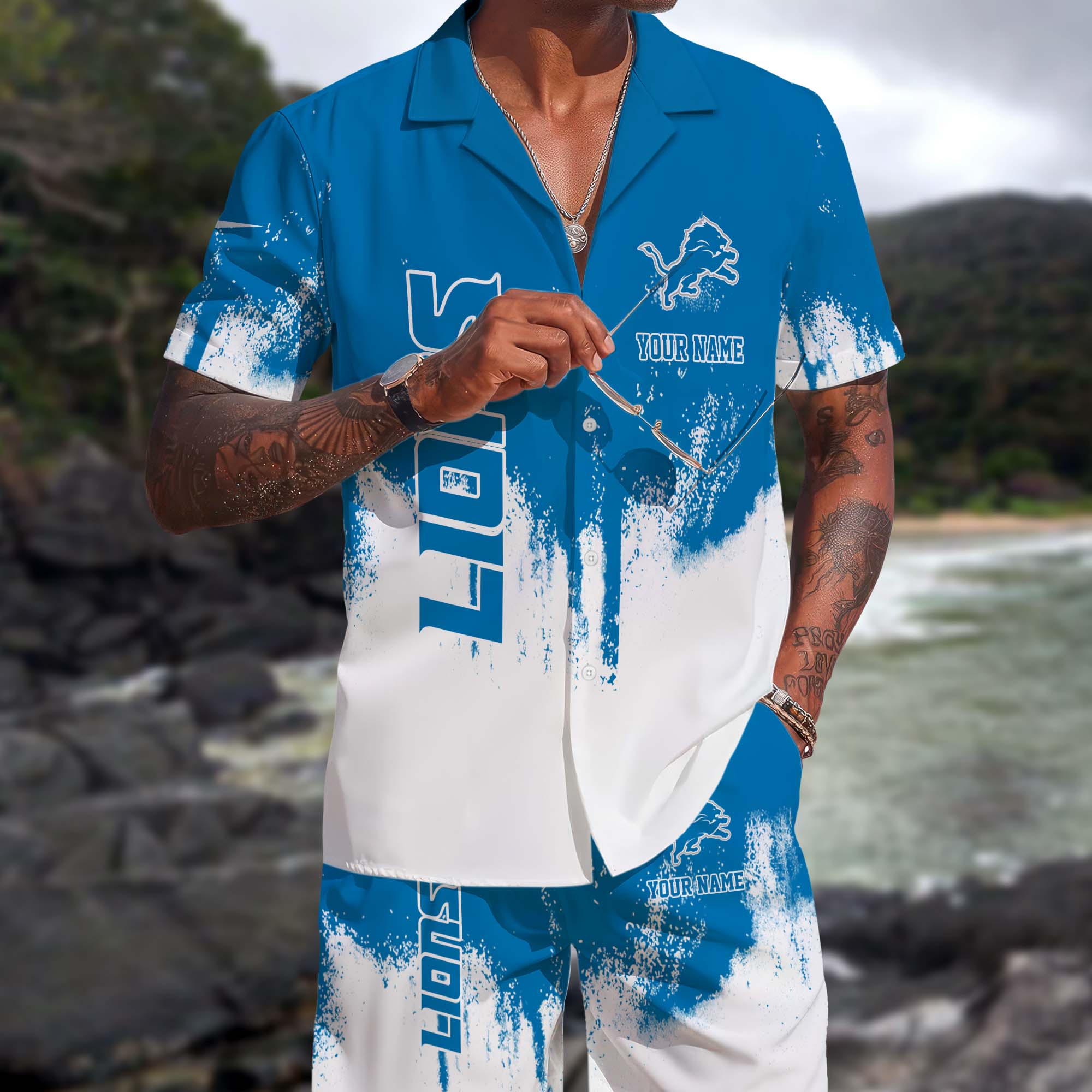 Detroit Lions Hawaiian Shorts Set Custom You Name, Sport Shorts, Gifts For Fan